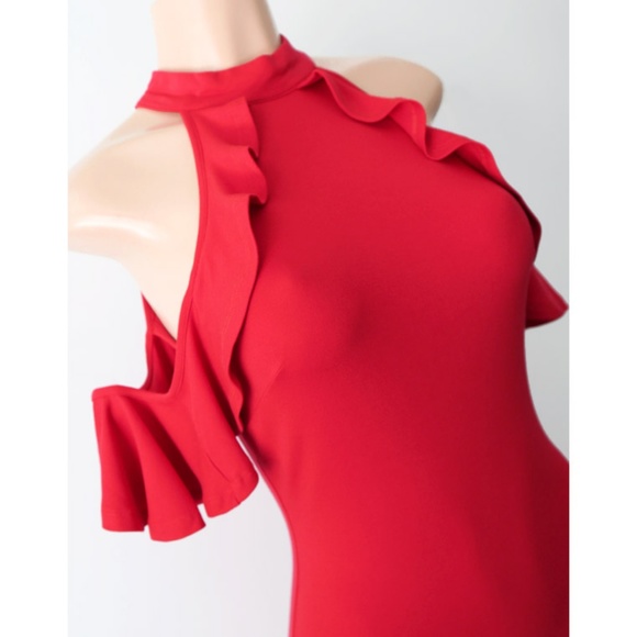 Red Mock Neck Ruffle Cold Shoulder Bodycon Dress - Picture 3 of 8